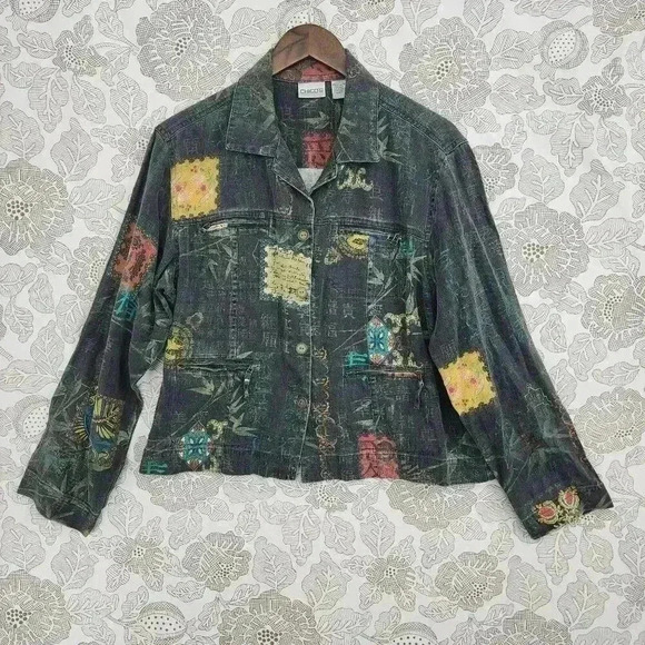Chicos Womens Japaness Printed Linen Blend Jacket Size 2/ L Button & Zip Details - Picture 1 of 6